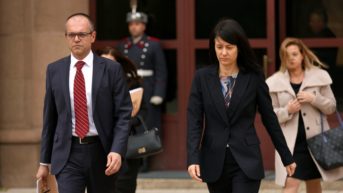 Commission for Consumer Protection Chair Alexander Kolyachev and National Revenue Agency head Milena Krastanova leave the presidency after meeting President Iliana Yotova.