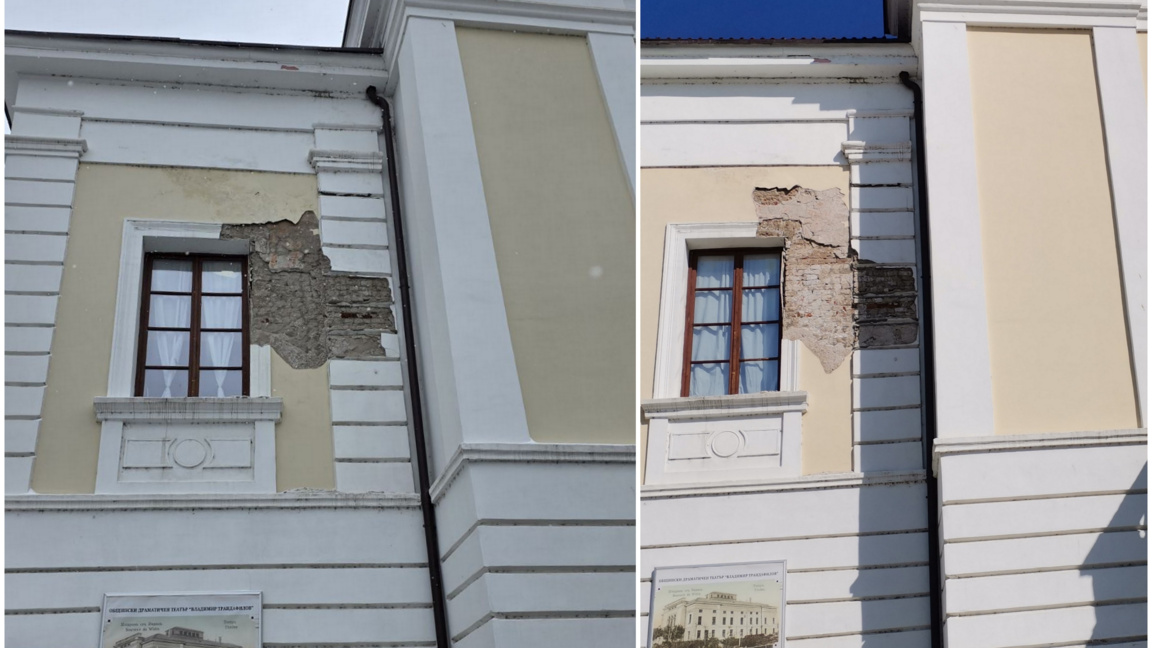 Фасадата на Драматичния театър във Видин продължава да се руши