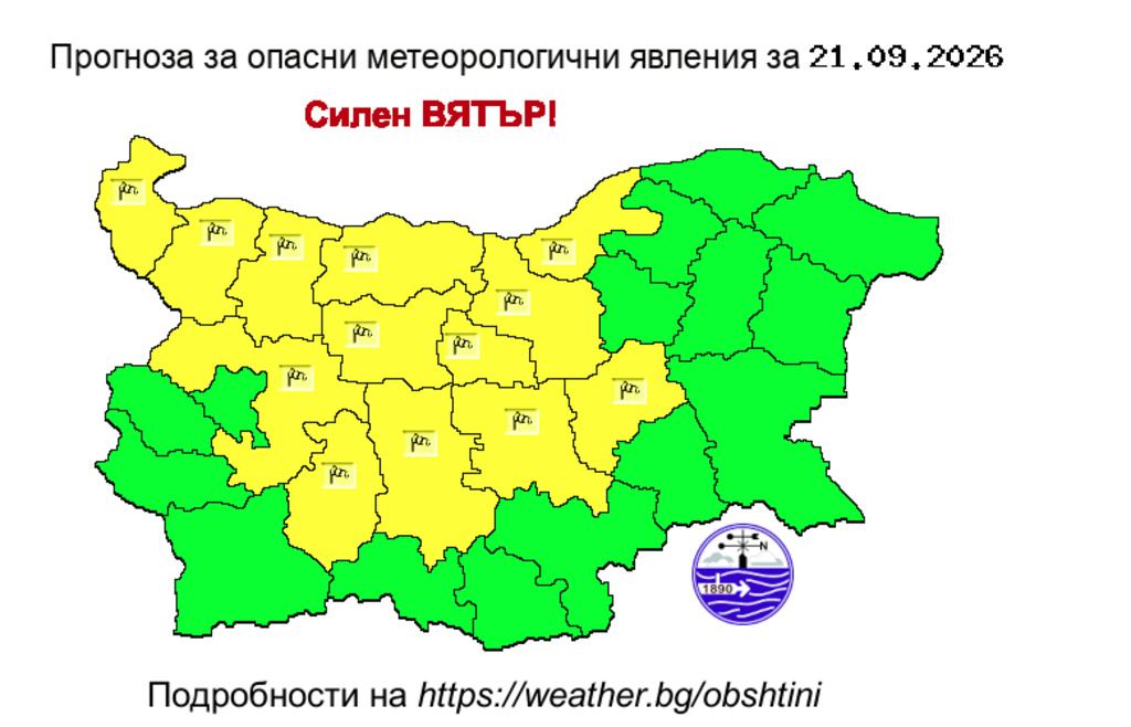 Жълт код за силен вятър в 13 области на страната