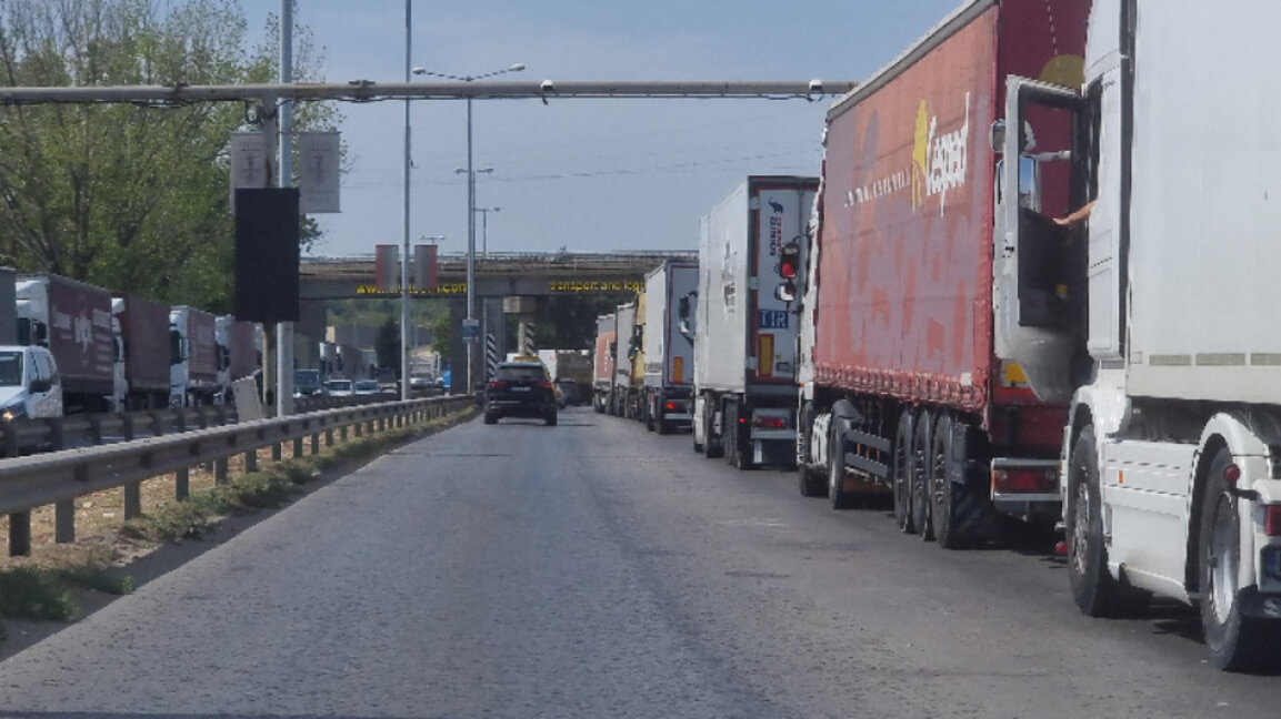 Heavy traffic of truck near Danube Bridge at the border with Romania