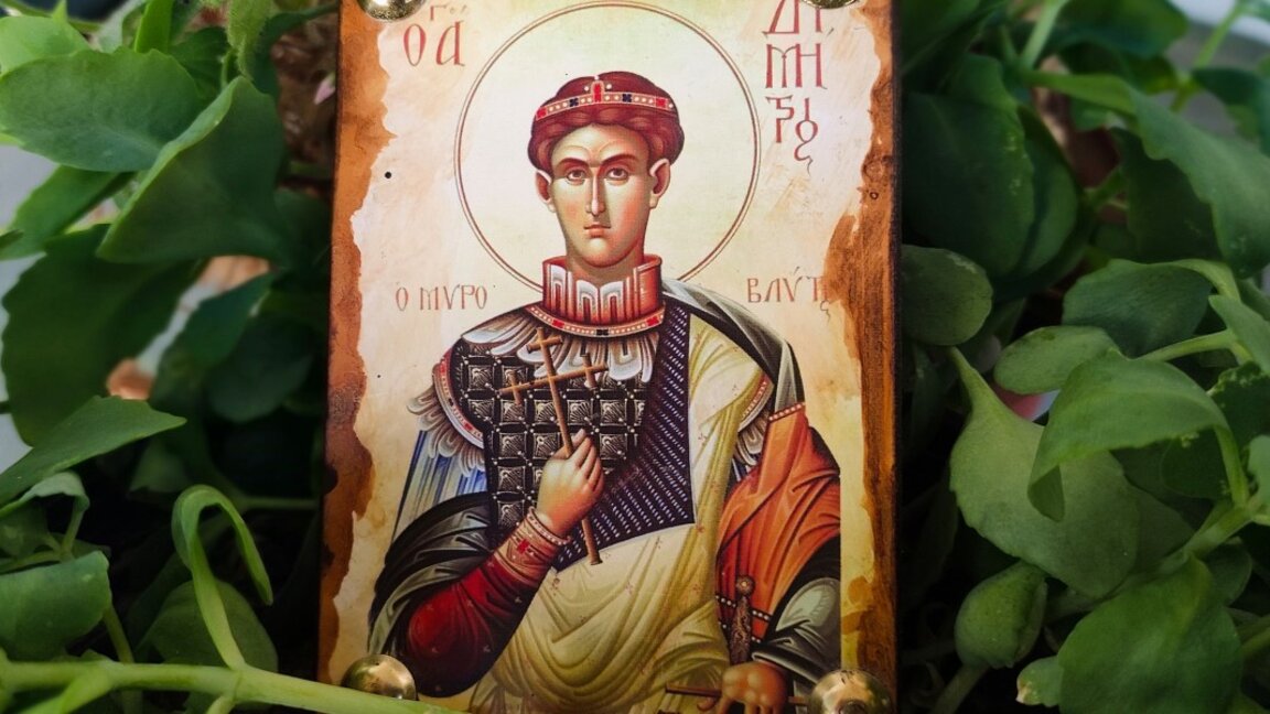 Снимка на икона-копие на тази в Солунския храм, където са мощите на светеца.