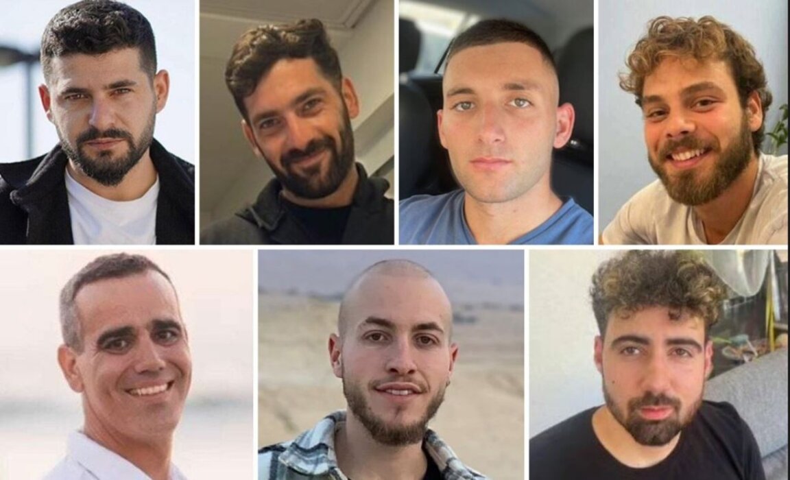 The seven hostages are pictured above. Matan Angrest is third from the left in the top row.