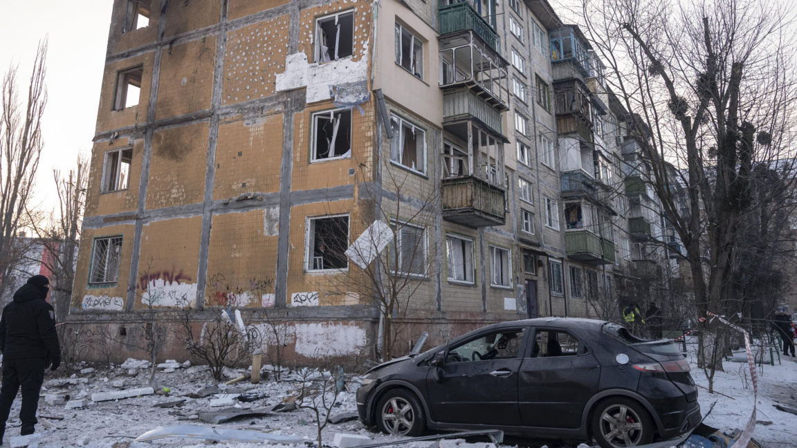 Ударена от руски дронове сграда в Киев, Украйна, 3 февруари 2026 г.