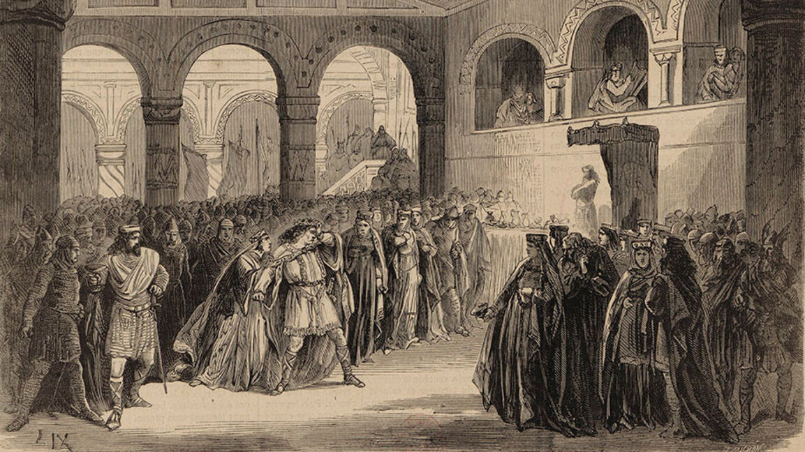 Илюстрация към I действие на „Макбет“ от Джузепе Верди от 1865 г.