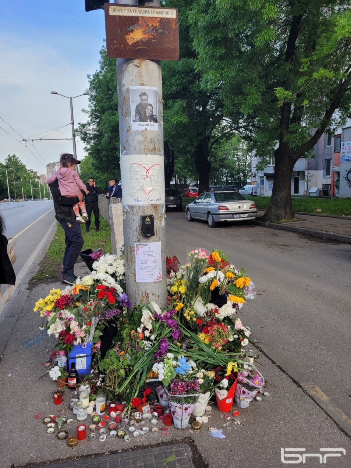 Свежи цветя, положени на лобното място на Ани и Явор, които бяха пометени от лека кола на София през май.