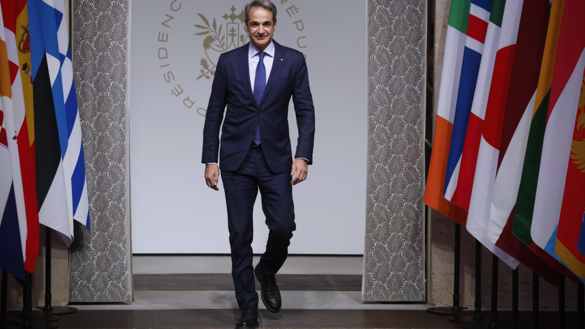 Гръцкият премиер Кириакос Мицотакис на срещата на Коалицията на желаещите в Париж, 6 януари 2026 г.