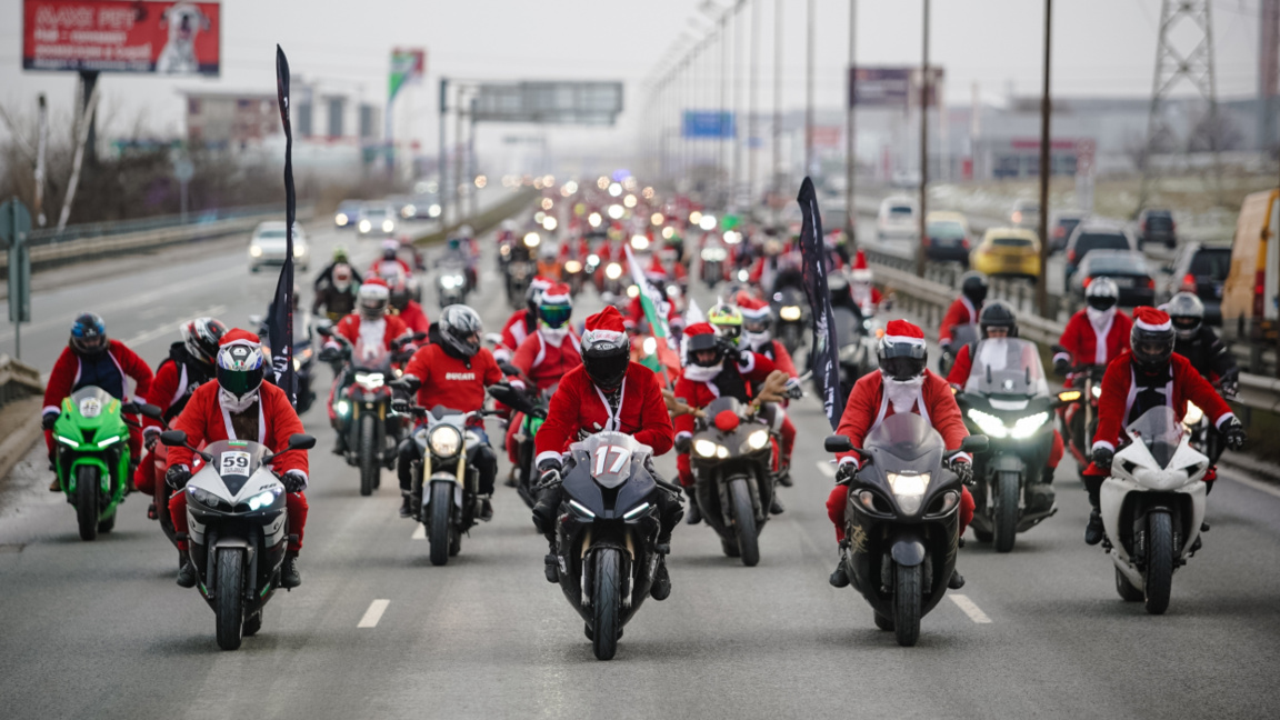 Hundreds of Santas take to the streets of Sofia on a motorcycle ride
