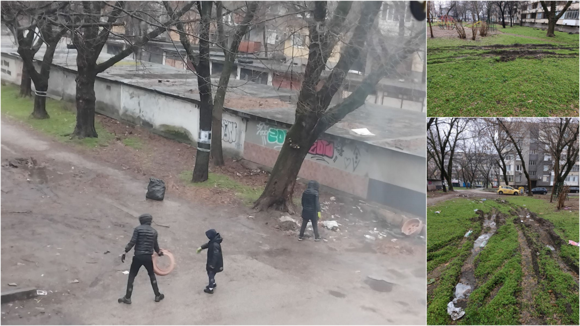 Добрият пример- младо семейство почисти междублоково пространство в дъжда