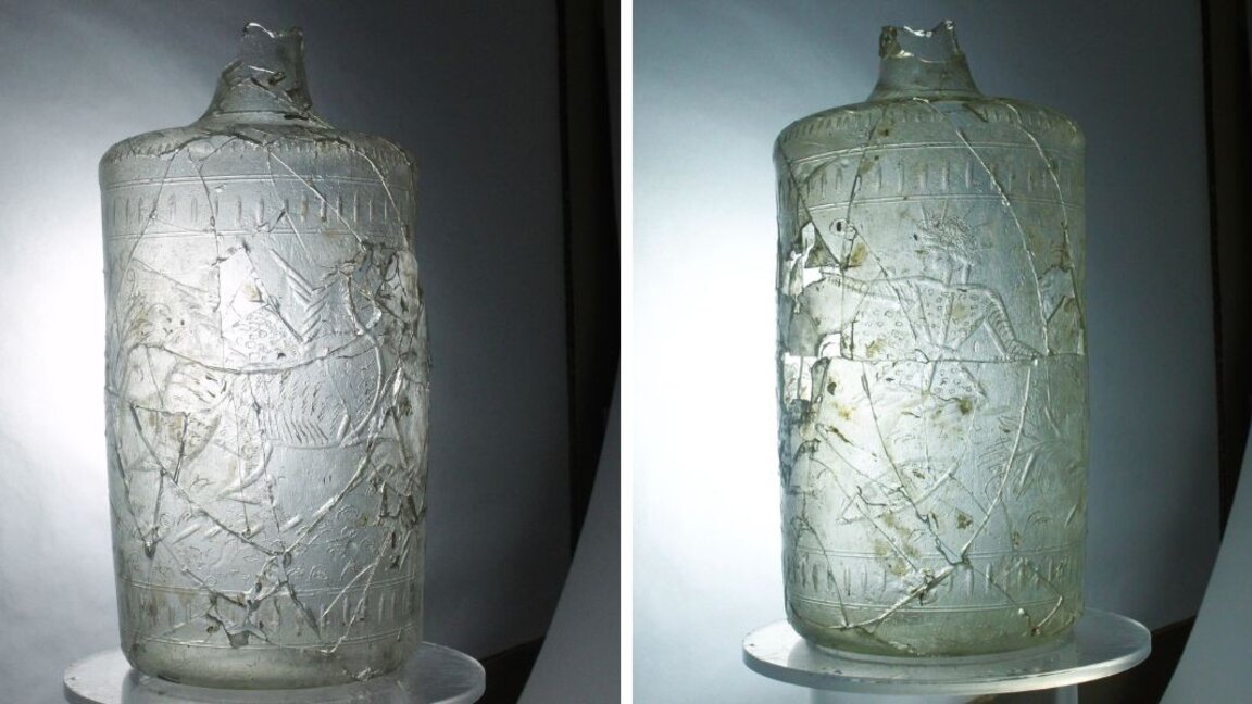 Бутилката отпред и отзад.
Снимка: Национален археологически резерват Деултум - Дебелт