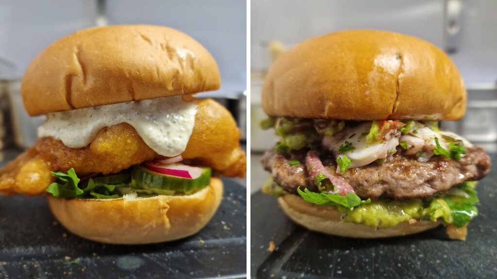 Fischburger – geplantes Kabeljaufilet, Remoulade, „schnell“ eingelegte rote Zwiebeln und Gurken, und Rindfleischburger mit Oktopus