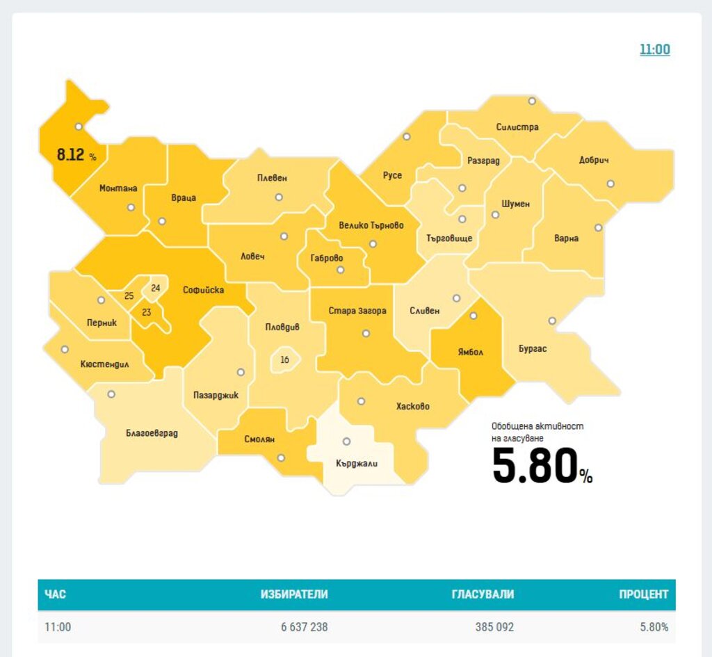 Данни на ЦИК за избирателна активност в страната към 11.00 часа