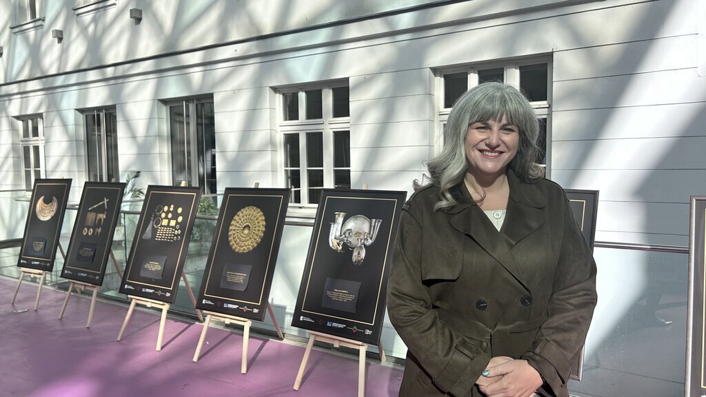 Denica Sekoulitchka in front of one of the exhibitions marking 100 years of Bulgarian Studies in Slovakia