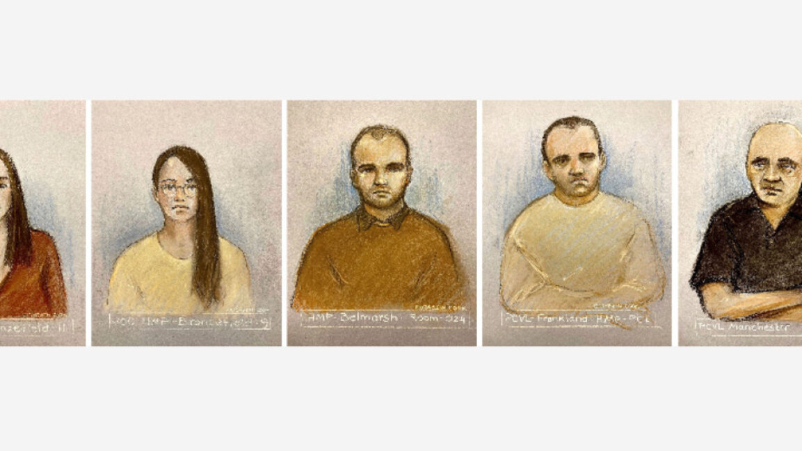 Sketches drawn by a forensic artist of the Bulgarian citizens accused of espionage in the UK. From left to right: Katrin Ivanova, Vanya Gaberova, Orlin Rusev, Ivan Stoyanov and Biser Dzhambazov, September 26, 2023