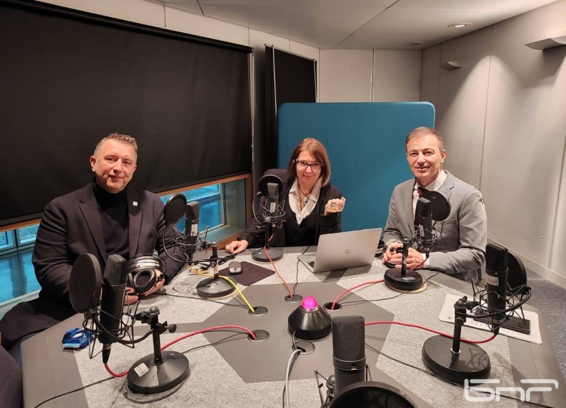 Ivaylo Valchev (ITN/ECR), Irina Nedeva (BNR) and Andrey Kovatchev (GERB/EPP) in Radio studio 1 of the EP, Strasbourg, 12 Feb 2025