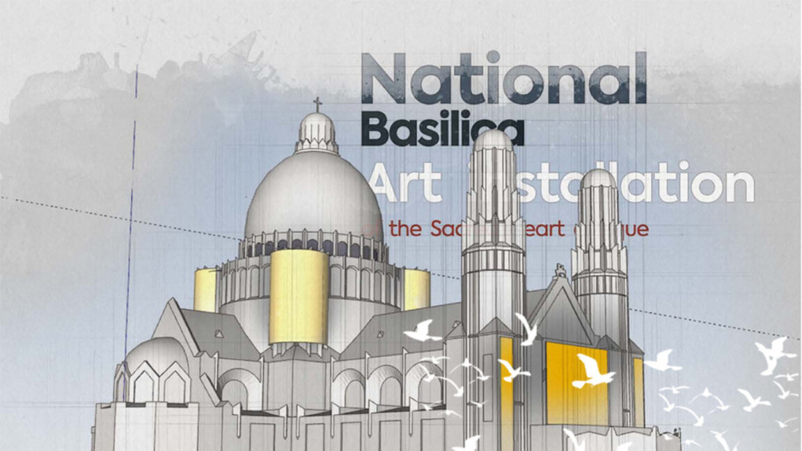 Dian Kostov with art installation at Sacred Heart basilica in Brussels