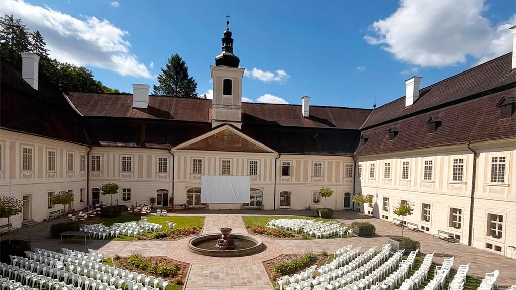 Bulgarian racing pigeons set off for home from a castle in Slovakia