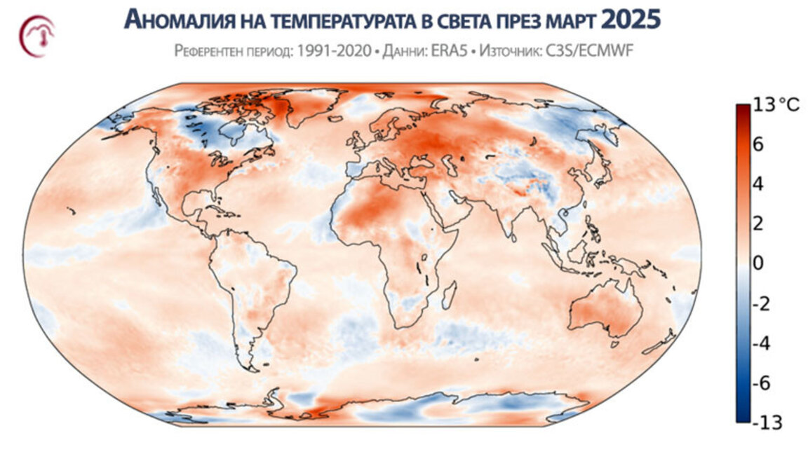 Карта на температурните отклонения от нормата в света за март 2025 г. Източник: Агенция Коперник / C3S