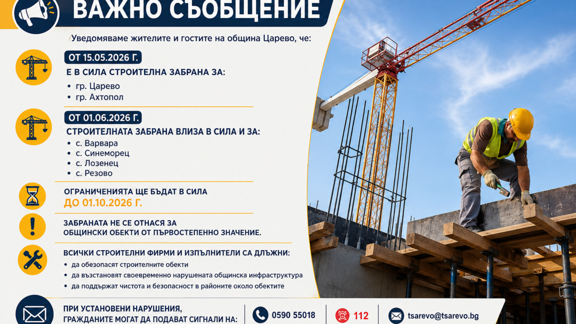 Строителната забрана в община Царево разширява обхвата си от 1 юни 