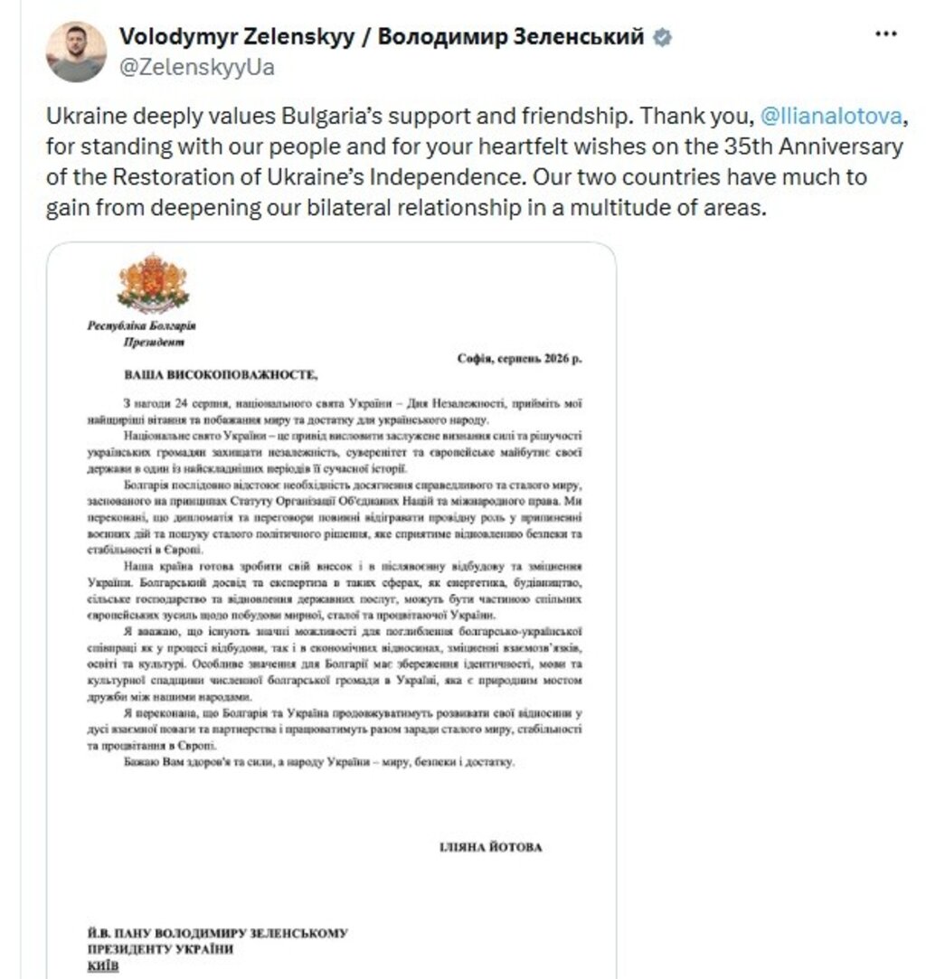 Публикацията на Зеленски в Екс