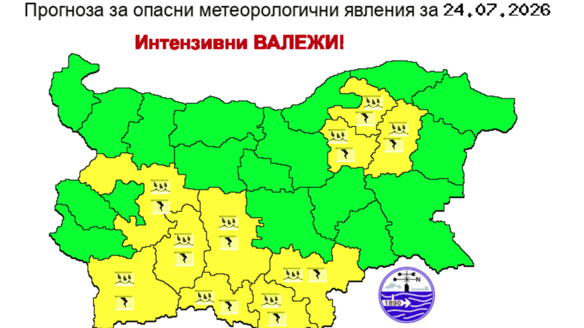 Жълт код за обилни валежи в 10 области, включително Пловдив