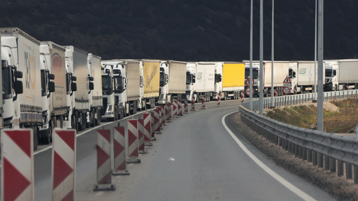 Truck traffic at the main border crossing with Serbia is intense