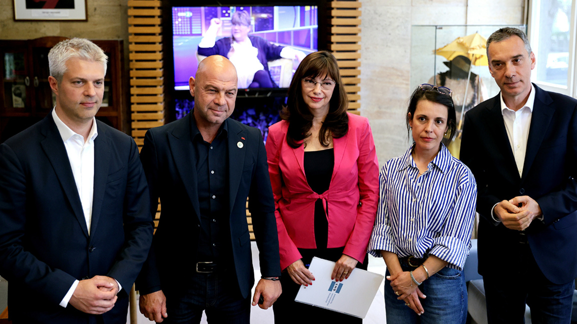 From left to right: Varna Mayor Blagomir Kotsev, Plovdiv Mayor Kostadin Dimitrov, BNT Director General Milena Milotinova, Sofia Deputy Mayor for Culture and Tourism Irina Dakova, and Burgas Mayor Dimitar Nikolov.