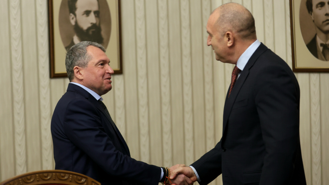 Toshko Yordanov of ITN (L) and President Rumen Radev