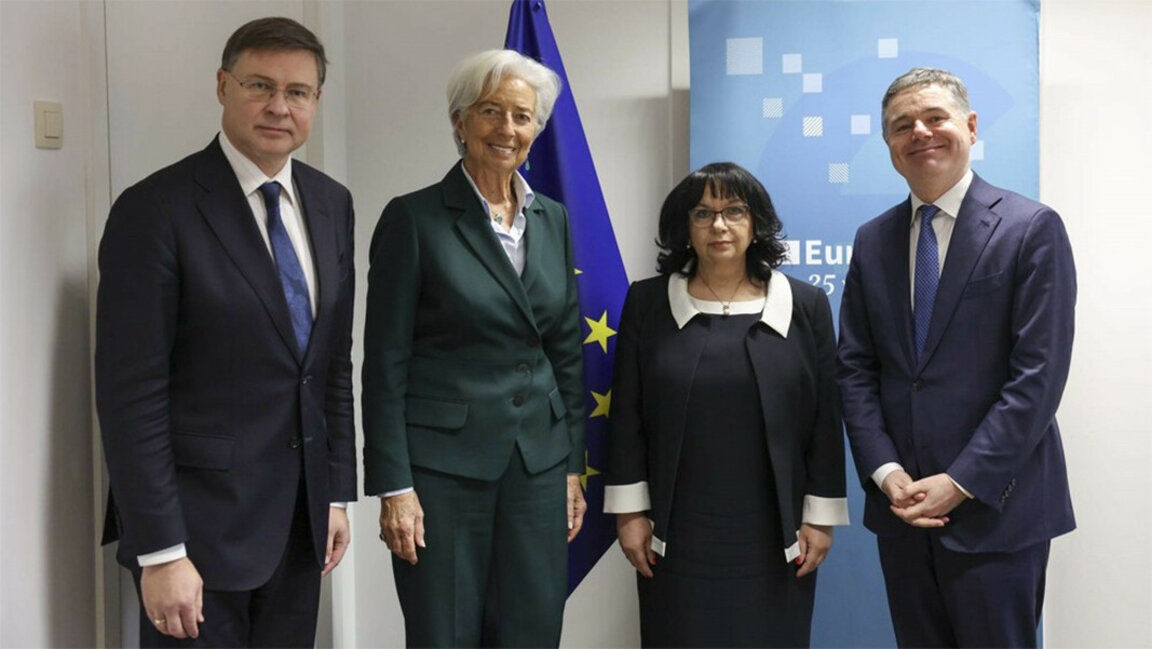 Valdis Dombrovskis, Christine Lagarde, Temenuschka Petkowa und Pascal Donahue