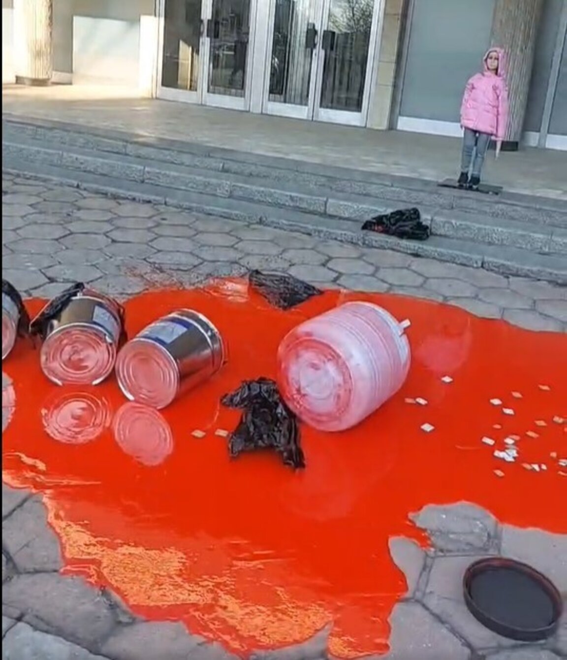 Activists of the civil movement BOEC splatter red paint in front of the Russian Embassy in Sofia
