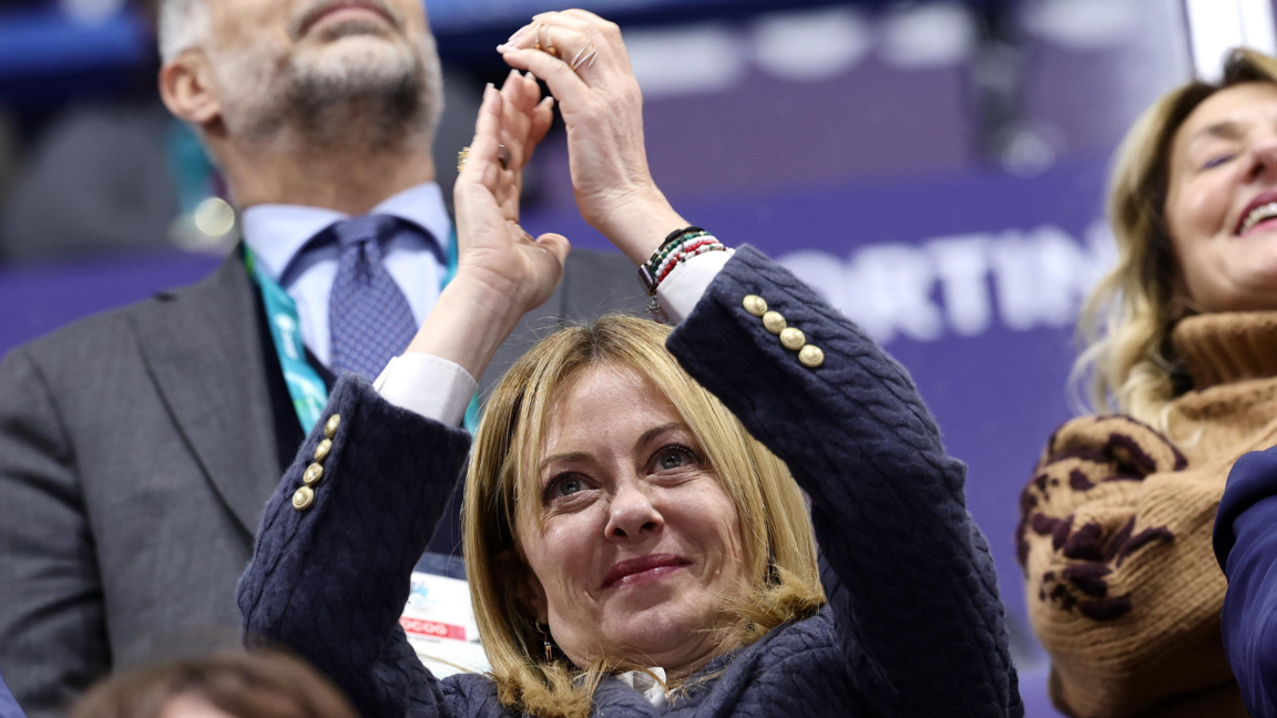 Джорджа Мелони сред зрителите на Милано-Кортина, 19 февруари 2026 г.