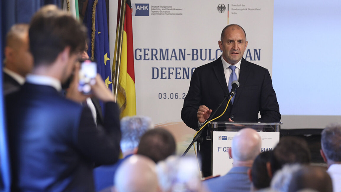 Rumen Radev, the Bulgarian president, speaking at the German-Bulgarian Defence Forum in Sofia on 3 June 2025.