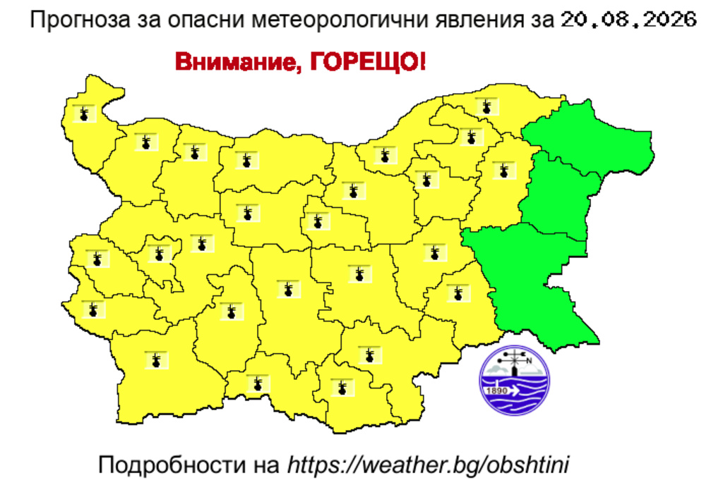 Жълт код за жеги в почти цялата страна, максимални температури до 38°