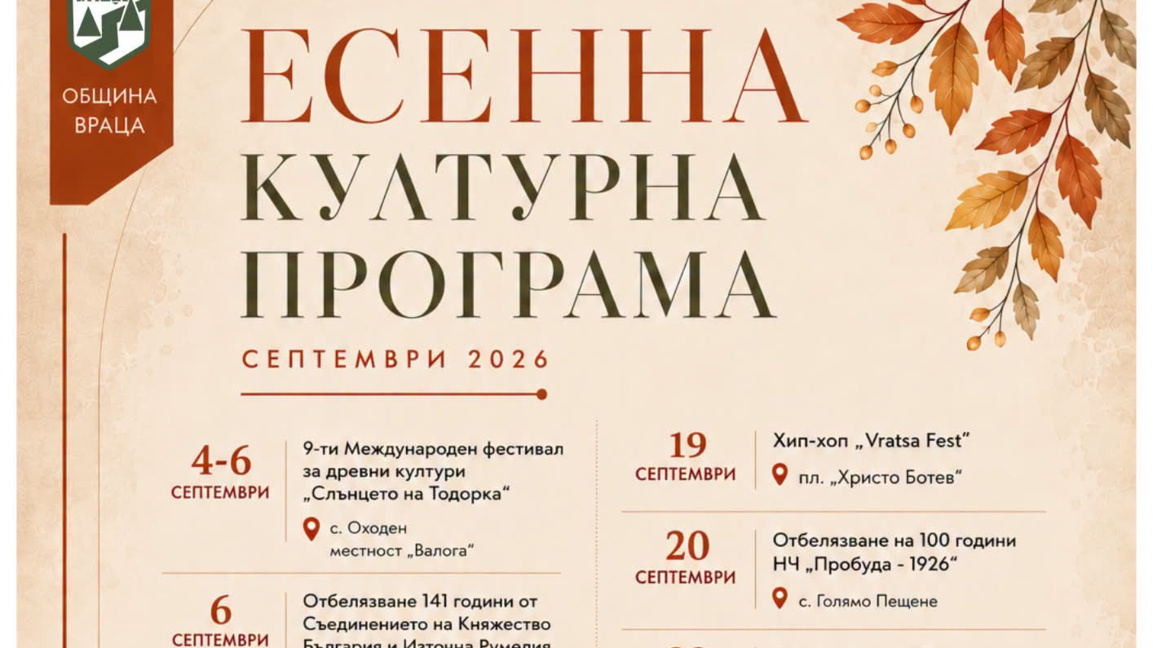 Богата културна програма предлагат през септември във Враца 