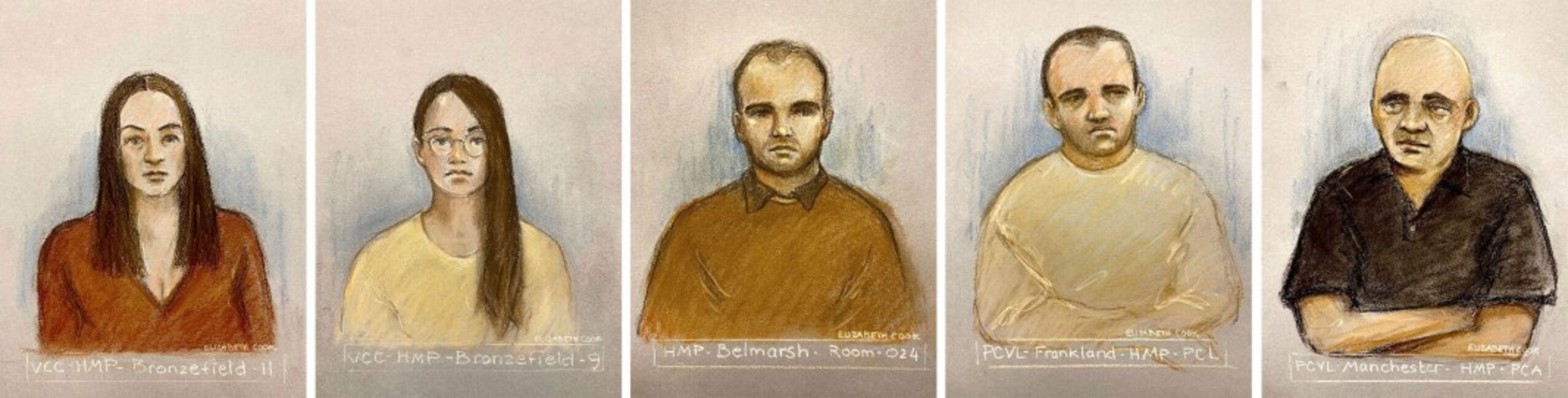 Нарисувани от съдебен художник скици на обвинените в шпионаж във Великобритания български граждани. От ляво надясно : Катрин Иванова, Ваня Габерова, Орлин Русев, Иван Стоянов и Бисер Джамбазов, 26 септември 2023 година.