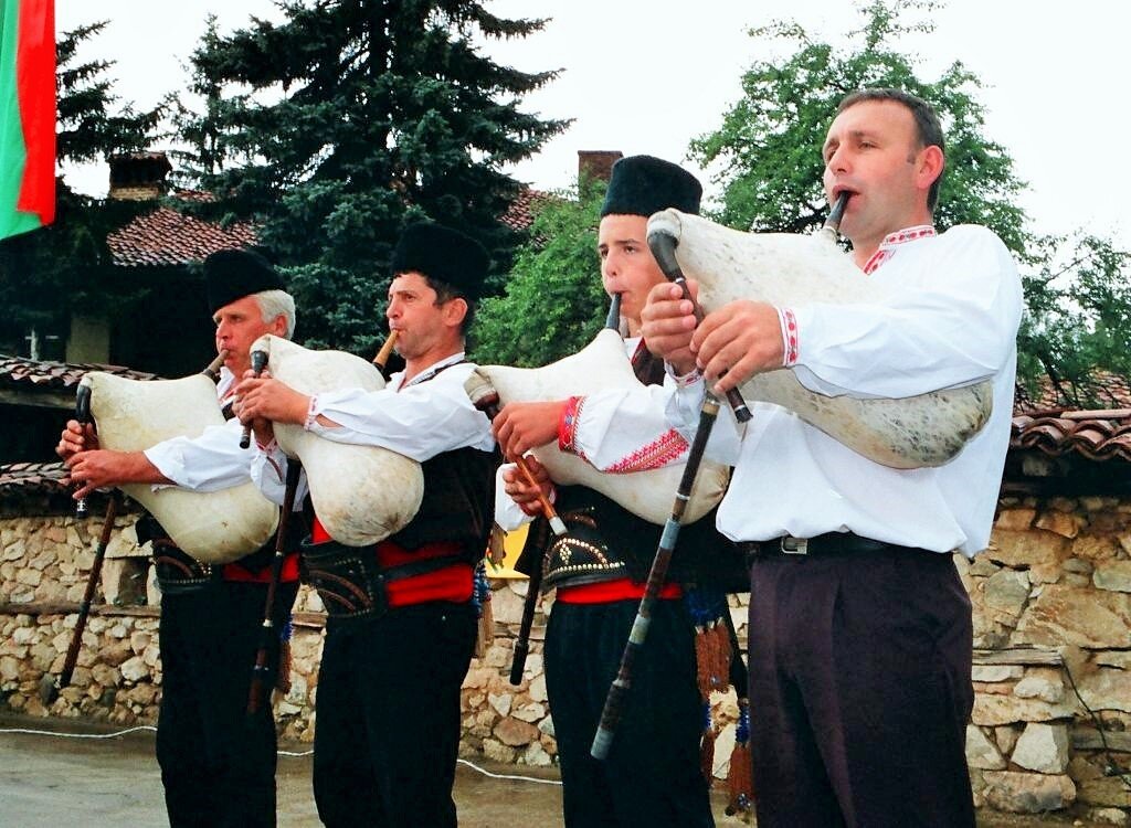 Part of the bagpipe ensemble from the "Hristo Botev-1869" Community Center in Kalofer at the Koprivshtitsa Festival, 2010