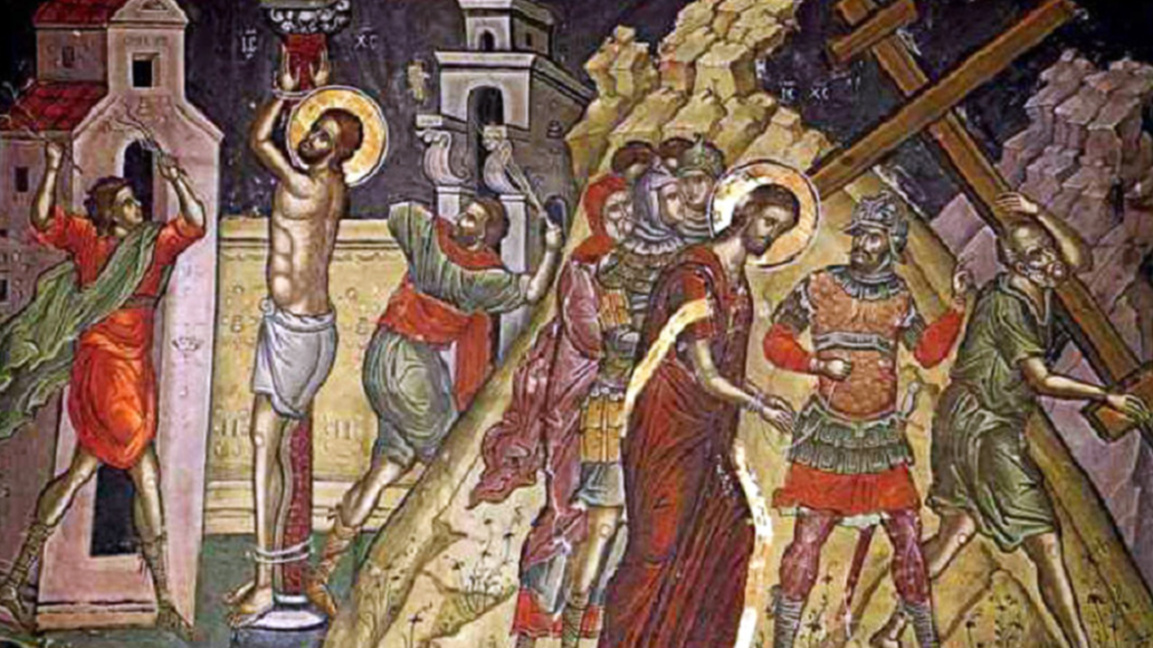 Иисус Христос на Голгота, стенопис от 1546 г. от Теофан Критски в манастира Ставроникита