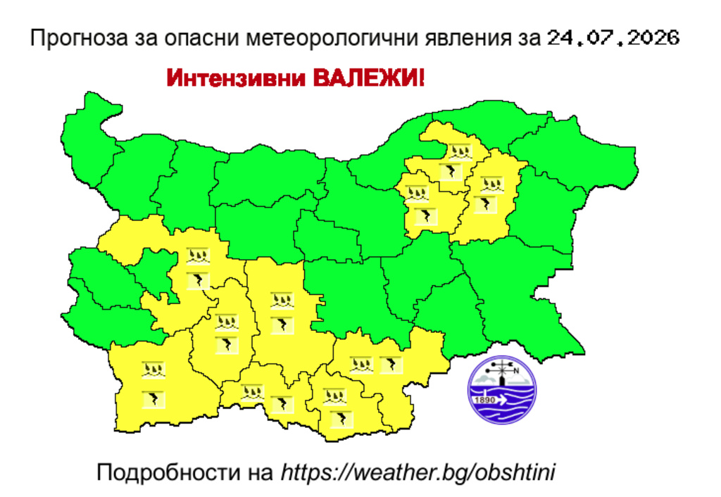 Жълт код за интензивни дъждове в 10 области