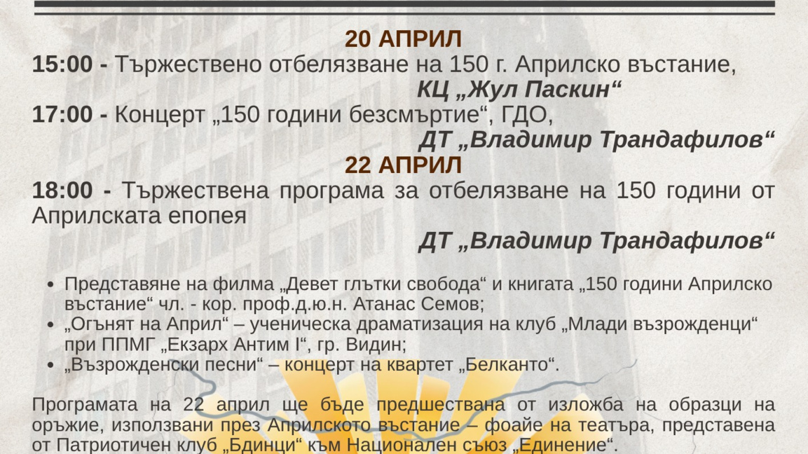 Видин се включва в отбелязването на Априлската епопея