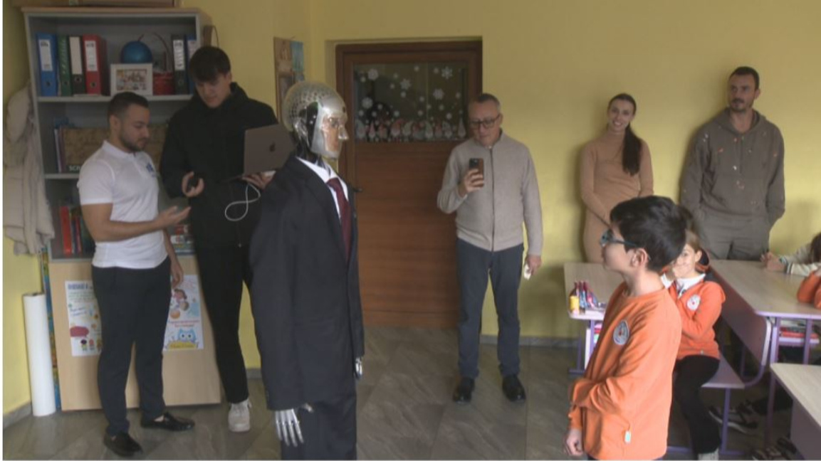 Robert the Robot meets pupils at a school in Sofia.
