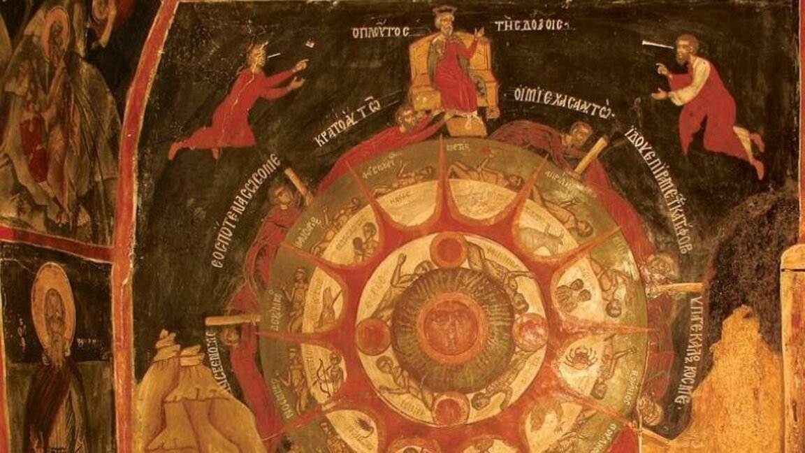 Detalle mural de la Rueda de la Vida en la iglesia de la Natividad de Cristo, en Arbanasi